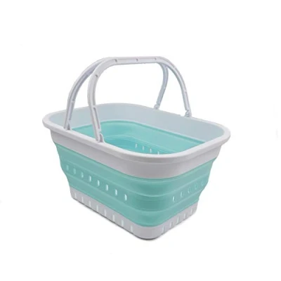 Imagen de SAMMART 19L (5 galones) Tina Plegable con asa, Canasta portátil para Picnic/cráter al Aire Libre, contenedor de Almacenamiento Que Ahorra Espacio (1, Blanco/Verde Lago)