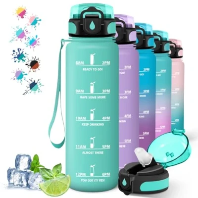 Imagen de Botella Agua 1 litro Gimnasio, Reutilizable con Pajita, Fácil de Limpiar, Deportiva, Marca Tiempo, Cantimplora para la Ciclismo, Senderismo, Correr, Verde