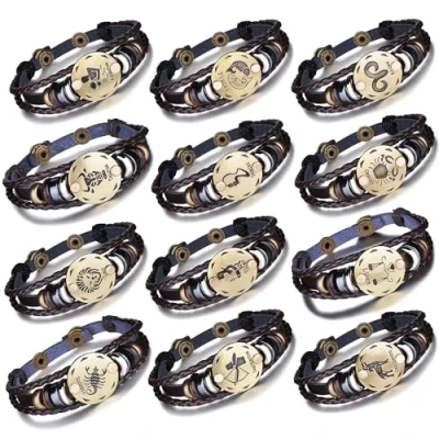Imagen de Unendlich U Infinito Juego de Pulseras Mujer Hombre Cuero Pulsera 12 Constelaciones Trenzada Piel Aleación Multi Layer Negro Pulseras, Horóscopo