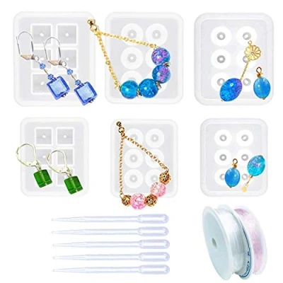 Imagen de Woohome 6 Pz Molde Silicona Resina Ovalados de Talón con Perlas Cuadradas Agujero, 5 Goteros, 2 Roll String para Collar Pendiente Fabricación Colgante Creativo Bricolaje DIY