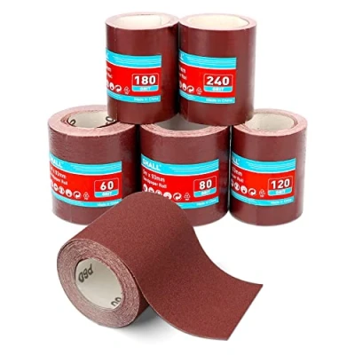 Imagen de SHALL Juego de 5 rollos papel lija 9,3 cm x m, grano 60/80/120/180/240, óxido aluminio para lijar, pulir y eliminar el