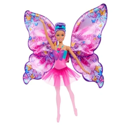 Imagen de Barbie Muñeca Bailarina Dance and Flutter 2 en 1 con corpiño de Mariposa, la Falda Morada se Convierte Unas Coloridas alas al presionar el Collar, Juguete +3 años (HXJ10)
