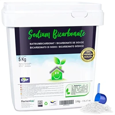 Imagen de Nortembio Bicarbonato de Sodio Ecológico 5 Kg. Origen 100% Natural. Sódico Sin Aluminio. Quitamanchas, Desodorizador y Blanqueante. para Limpieza con e Book Incluido.