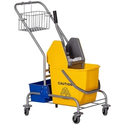 Imagen de HOMCOM Carro de Limpieza Servicio con Cubos Fregona 25L Escurridor Cubeta y Estantes para Hotel Oficina 72x49,5x95 cm Amarillo