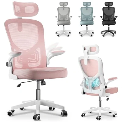 Imagen de Silla Escritorio Ergonomica oficina Ajustable y Reclinable con Soporte Lumbar, Reposacabezas Ajustable, Plegables, Malla Transpirable, Ruedas Giratorias 360 Soporta hasta 120kg Rosa