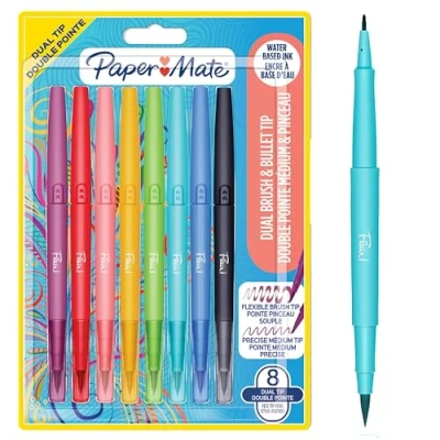 Imagen de Rotuladores de fieltro Paper Mate Flair DUAL punta media (0,7 mm) y pincel dos puntas Colores surtidos 8 unidades