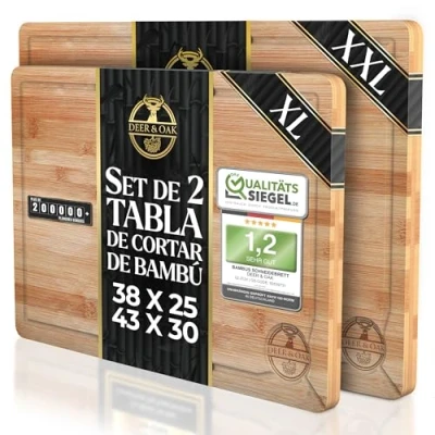 Imagen de Deer &amp; Oak Presents Premium tabla de cortar madera (38 x 25 2 cm) y 1 XL (45 30 cm), bambú para carne o verduras. Ideal cocinas, preengrasadas, tratadas,