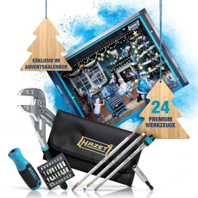 Imagen de HAZET calendario de Adviento 2024, juego herramientas premium 24 piezas, incluye llave alicates, práctica funda para cinturón, soporte puntas y puntas, Navidad