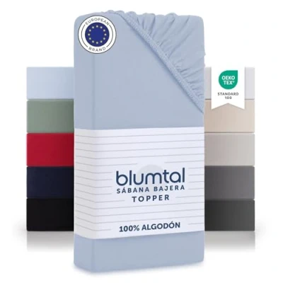 Imagen de Blumtal Sabana Bajera 140x200 Algodon Jersey 2 pz sabanas bajeras de 100% sujeta certificada Oeko Tex elásticas 140 x 200 Celeste