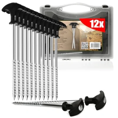 Imagen de com four® piquetas 12x de Acero Suelo robustas con Rosca en Caja Transporte para Acampar y al Aire Libre Ideales terrenos Normales Duros Mango T