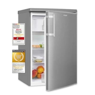 Imagen de Exquisit® Frigorifico Table Top, 109L, Clase D, Material Acero Inox, Estantes de Cristal, Puerta Reversible, Cajón Verdulero, Altura Regulable, Consumo 111 kWh/año, Medidas 85,5x55x57 Cm.