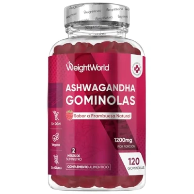 Imagen de Ashwagandha Gominolas 1200mg 120 Unidades Sabor Frambuesa Alta Potencia 2 Meses de Suministro Suplemento Ayurveda, Gummies Ginseng Indio Sin Gluten, Lactosa, Apto para Veganos, Keto