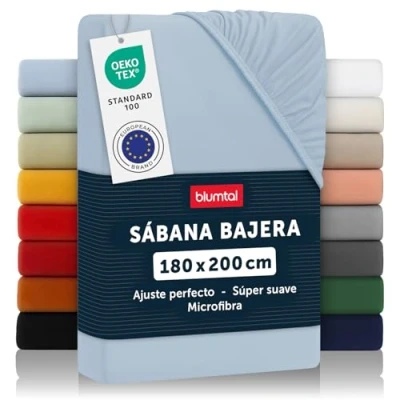 Imagen de Blumtal Basics Sábana Bajera Ajustable de Microfibra Cepillada para colchón 25 27 cm Altura, Cama 180: 180 x 200 30 cm, Azul Claro
