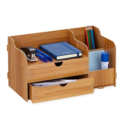 Imagen de Relaxdays Organizador Escritorio Cajones y Compartimentos, Portalápices, 17 x 33 19 cm, Caja Oficina, Marrón Oscuro, Tablero de Fibras