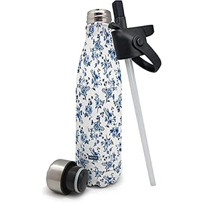 Imagen de NERTHUS Termo doble pared para frios y calientes Diseño Flores Azul de Acero Inoxidable con Tapon Pajita, 500 ml
