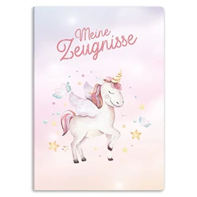 Imagen de itenga carpeta de certificados con diseño DIN A4, estable para documentos, 20 fundas estables, niños, jóvenes, estudiantes, niñas, niños (diseño unicornio acuarela)