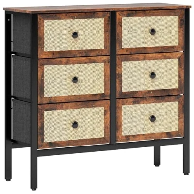 Imagen de HOMCOM Cómoda para Dormitorio Cajonera de Tela con 6 Cajones Plegables Frentes Ratán y Marco Acero Salón Marrón Rústico