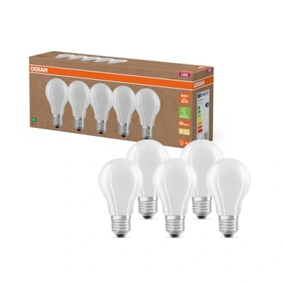 Imagen de OSRAM Lámparas LED de alta eficiencia con clase energética A, Paquete 5 bombillas, reemplaza 60W, blanco cálido (2700K), E27, vidrio mate