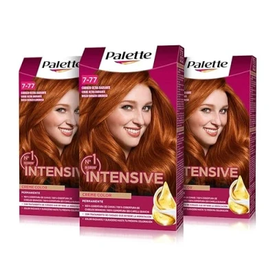 Imagen de PALETTE Intensive Creme color 7 77 Cobrizo Ultra Radiante, tinte de pelo permanente con aceite macadamia y almendras, cubre el 100% las canas raíces, para un radiante