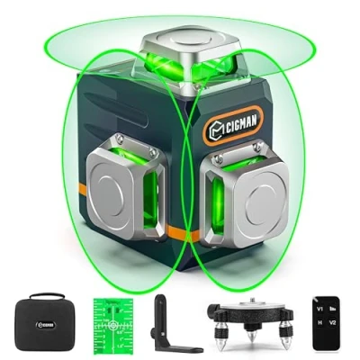 Imagen de CIGMAN CM701 Nivel Láser de Línea, Autonivelante 360 Grados, 3x360, 3D Nivelador, 30M Alcance, Con Control Remoto, Doble Soporte, Estuche acolchado, Batería Recargable, IP54