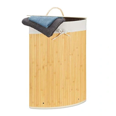 Imagen de Relaxdays Cesto Ropa Sucia Esquinero, Cubo Colada Plegable con Tapa, Canasta, Bambú, 60 L, 65 x 49,5 37 cm, Crema
