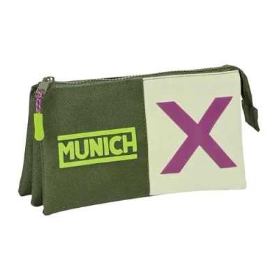 Imagen de Safta Munich Bright Khaki Portatodo Triple, Estuche Infantil, Niño, Ideal para Niños en Edad Escolar, Cómodo y Versátil, Calidad Resistencia, 22x3x12 cm, Color Caqui