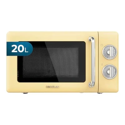 Imagen de Cecotec Microondas Mecánico de 20 L Proclean 3010 Retro Yellow. 700 W en 6 Niveles, Temporizador hasta 30 Minutos, Modo Descongelación, Diseño Vintage Amarillo, Acabados Acero