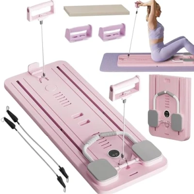 Imagen de Pilates Board Compact Reformer Machine Set, Foldable Ab Roller Wheel Rodillo Abdominales Exercise Rebote Automático Máquina de Ejercicio en Casa(Rosa)