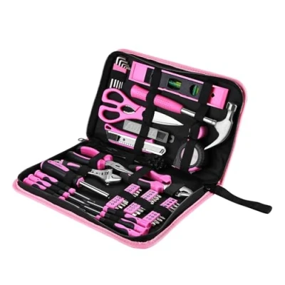 Imagen de DEKO juego de herramientas color rosa 110 piezas, portátiles para mujer con bolsa transporte fácil, perfecto proyectos bricolaje, mantenimiento del hogar