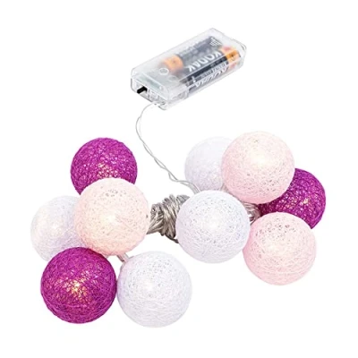 Imagen de Ideen mit Herz Guirnalda de luces con 10 LED, funciona pilas, bolas algodón en 3 colores, diámetro 35 mm por bola, incluye temporizador (blanco, rosa, morado)