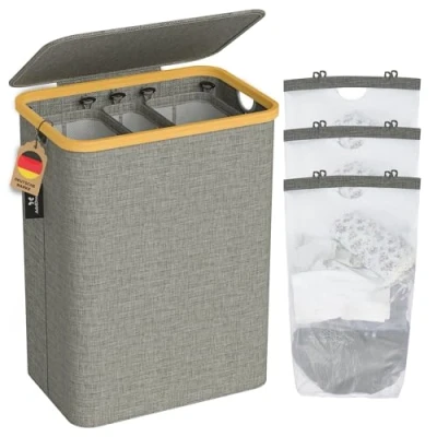 Imagen de AdelDream Cesto para la colada con tapa, 3 compartimentos, estrecho, 160 L, color gris