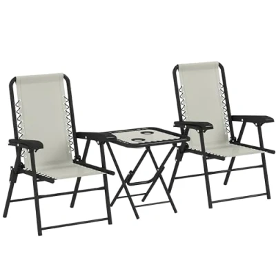 Imagen de Outsunny Conjunto de Mesa y Sillas Terraza Exterior 3 Piezas Muebles Jardín Plegables con Estructura Acero Portavasos para Patio Crema