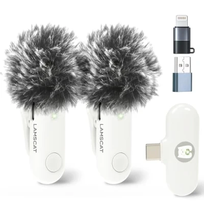 Imagen de LAMSCAT micrófono Lavalier inalámbrico para iPhone/iPad/Android/USB c/PC, grabación, cancelación de ruido, sin necesidad aplicación (blanco 2to1)