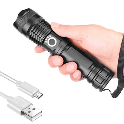 Imagen de Pocektman Linterna LED recargable Foco ajustable táctica Antorcha impermeable Super brillante para actividades al aire libre o regalos, 5 modos, cable USB incluido