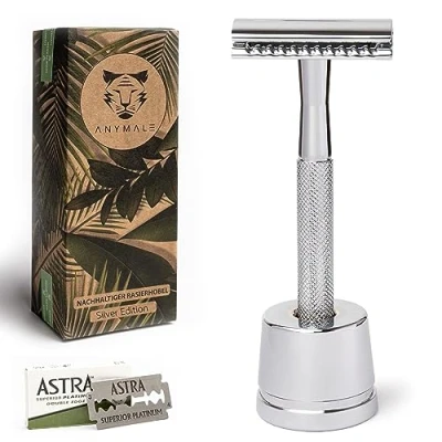 Imagen de ANYMALE® Maquinilla de afeitar sin plástico Silver Edition Juego con soporte y 5 cuchillas ASTRA en húmedo para hombre mujer