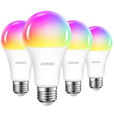 Imagen de ANWIO 4x 12W Bombillas LED E27 Inteligentes RGB WiFi, A70 Equivalente a 100W, 1521 Lúmenes, Funciona con Alexa, Google Home y Smart Life.