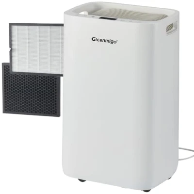 Imagen de Greenmigo Deshumidificador 20L/dia,Ionizador,Filtro HEPA y Filtro de Carbón Activado,Drenaje Continuo,Secado Ropa,Temporizador 24h,Modo Sueño,Depósito extraíble 4.5 litros,Refrigerante R290