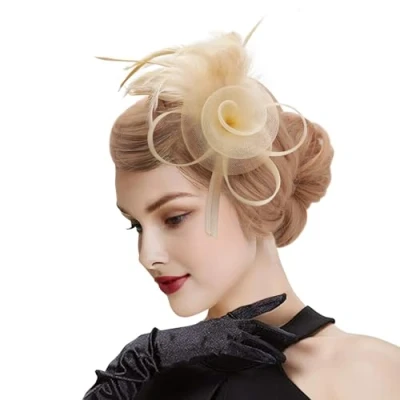 Imagen de DRESHOW Fascinator Sombrero Flor de Plumas Clip Pelo Elegante Malla Ideal para Fiestas, Cócteles, Bodas Mujer