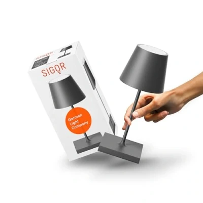 Imagen de SIGOR Nuindie Mini Lámpara de mesa LED pequeña regulable para interior y exterior, IP54, resistente a salpicaduras, altura 25 cm, recargable con USB C, 12 horas duración, gris grafito