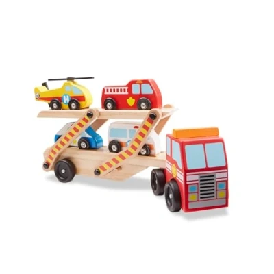 Imagen de Melissa &amp; Doug Camión transportador de coches y autos, Juguetes madera, Tractor remolque Montessori, Juego creativo, Regalo para niños 3+ Años