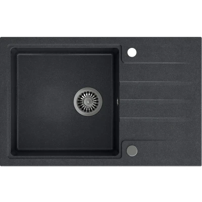 Imagen de QUADRON fregadero de granito un seno tamaño 78 x 50 20, color: negro y acero PETER 111 cocina con sifón manual escurridor moderno