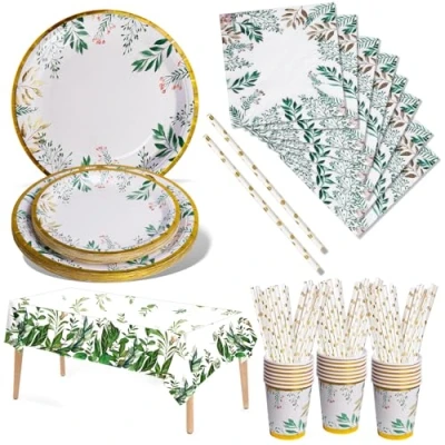 Imagen de Nkaiso Paper Plates And Napkins Cups Set, 121 Piezas Sage Green Party Napkins, Vajilla para Fiesta, Cumpleaños Decoración Set For Birthday Supplies 24 Invitados