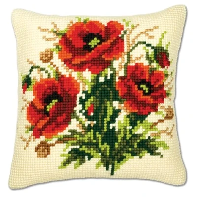 Imagen de Vervaco Punto De Cruz Kit Cojin Decorativo Amapolas Manualidades Adultos Decoracion Bordar Principiantes Completo DIY Bordado Creativo Regalo ca. 40x40 cm Cross Stitch Embroidery