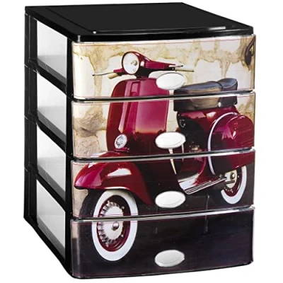 Imagen de COM FORT HOUSE Cajonera Apilable de Plástico Modelo Moto Color Negro 4 Cajones Almacenamiento Modular