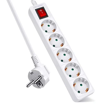Imagen de EXTRASTAR Regleta con 5 Enchufes e Interruptor, Cable 1.5M, Tomas para el hogar, Oficina y Viajes, MAX 3680W, 16A, 250V, Blanco, 1pc