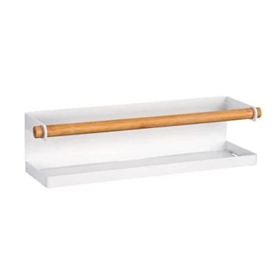 Imagen de WENKO Especiero Magna, estante magnético de metal con detalle bambú para almacenar y exponer tarros especias, fijación sin necesidad taladrar imán o cinta adhesiva, 32 x 8 cm, blanco