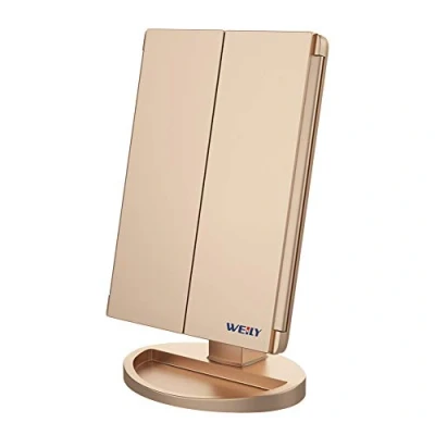 Imagen de WEILY Espejo Maquillaje con Luz, Aumento 1X/2X/3X, LED Plegable 36 y Pantalla Táctil, de Mesa Soporte USB Batería (Oro Rosa)