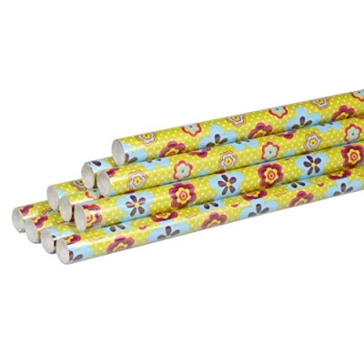 Imagen de Clairefontaine 211404AMZC Caja de 10 rollos papel regalo, 2 m x 70 cm, motivos surtidos, flores sobre fondo verde, 60 g
