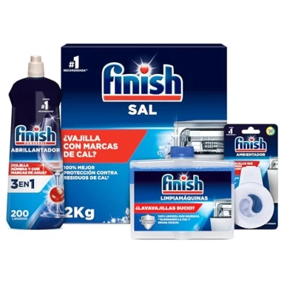 Imagen de Finish Pack Aditivos Lavavajillas, Abrillantador 800ml + Sal Lavavajillas 2kg Limpiamáquinas 250ml Ambientador Odorstop