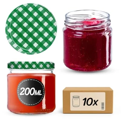 Imagen de KADAX Tarros Pequeños de 200 ml, Botes Cristal con Tapa Hermética 66 mm para Miel, Conservas, Especias y Mermeladas (10 Unidades, Cuadros Verdes)